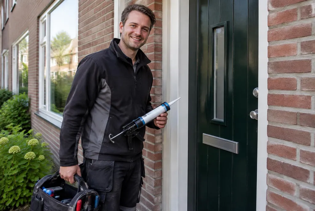 Vakman van Kitbedrijf Moordrecht bij de voordeur van een woning